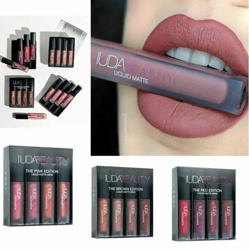 4pcs Lipstick Moisturizing Balm Set Matte Lip Gloss Lip Glaze Tint Non-stick Non-Fading Lips Huda Lip Makeup Cosmetic Lip Care
