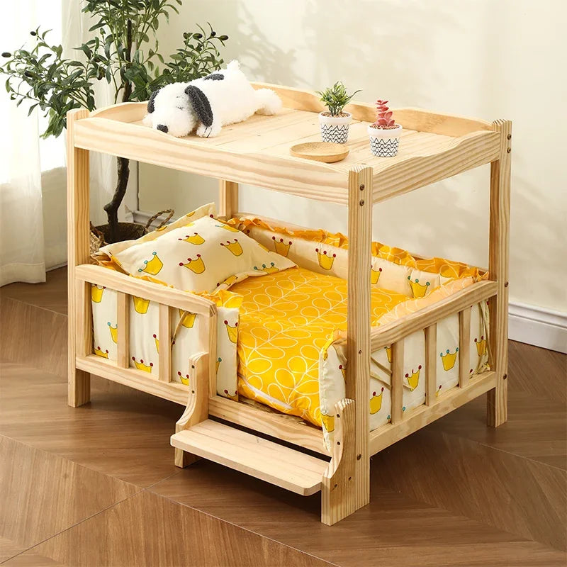 2-Layer Solid Wood Princess Bed for Pets Universal Cat and Dog Bed Breathable Pet Shelter Climbing Ladder for Cats and Dogs
