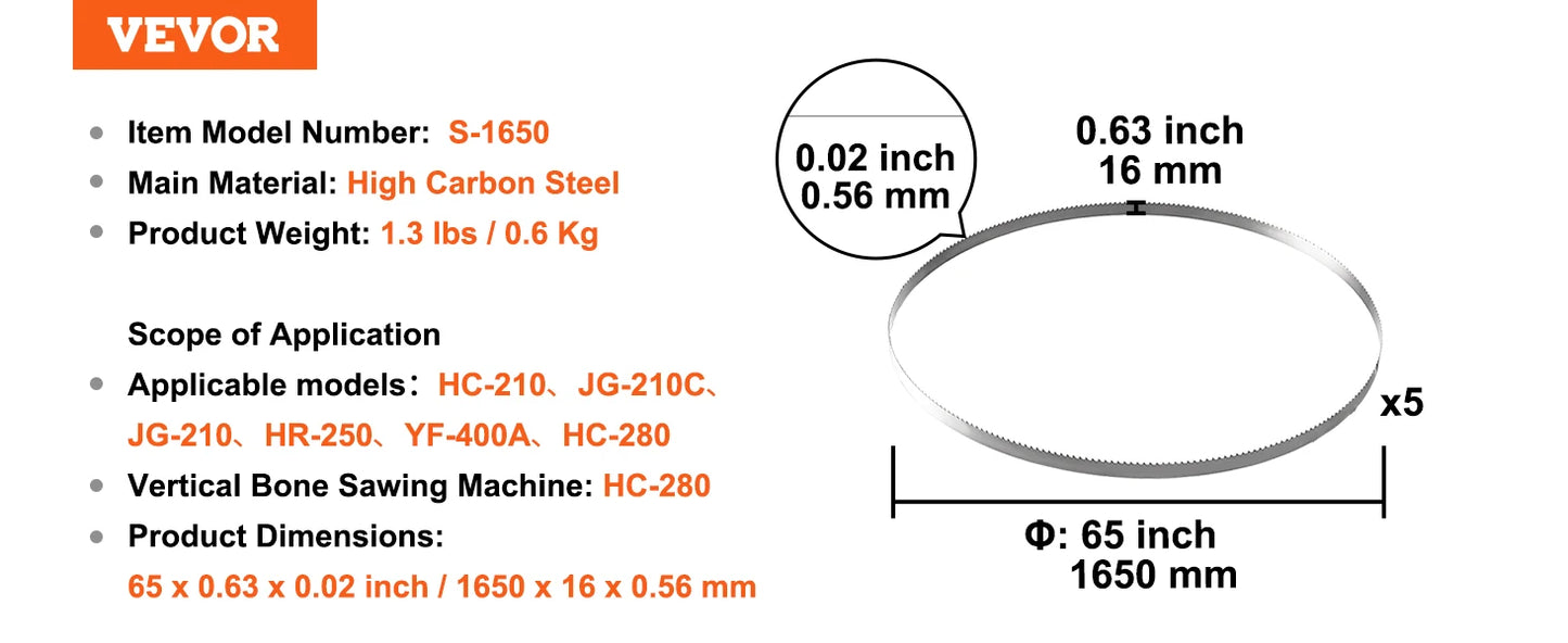 SucceBuy Band Saw Blade 65x0.63x0.02 inch 5 Pack Meat Bandsaw Blades for Replacement Carbon Steel Commercial Bone Saw Machines