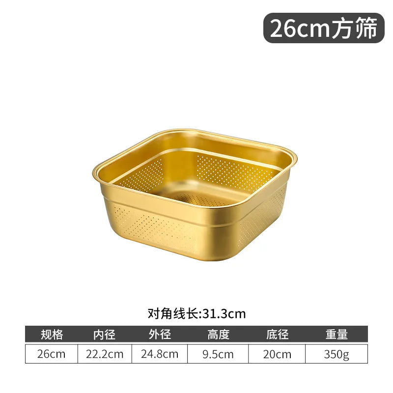 Golden Square Stainless Steel Strainer Draining Basket Egg Flour Mixing Bowl Soup Basin Filter Colander Vegetable Washing Basin