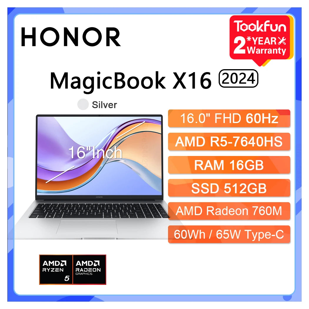 HONOR Laptop MagicBook X16 Pro 2024 BRN-H56 16"Inch FHD Intel Core i5-13500H AMD Ryzen R5 7640HS Computer PC Notebook Ultrabook