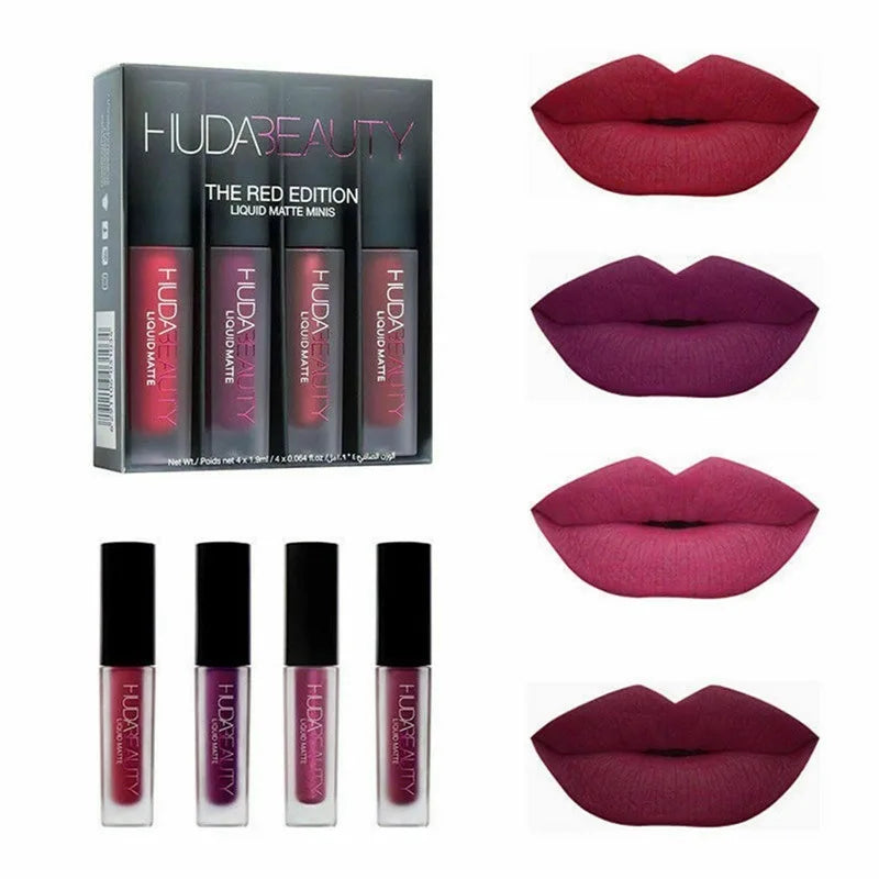 4pcs Lipstick Moisturizing Balm Set Matte Lip Gloss Lip Glaze Tint Non-stick Non-Fading Lips Huda Lip Makeup Cosmetic Lip Care