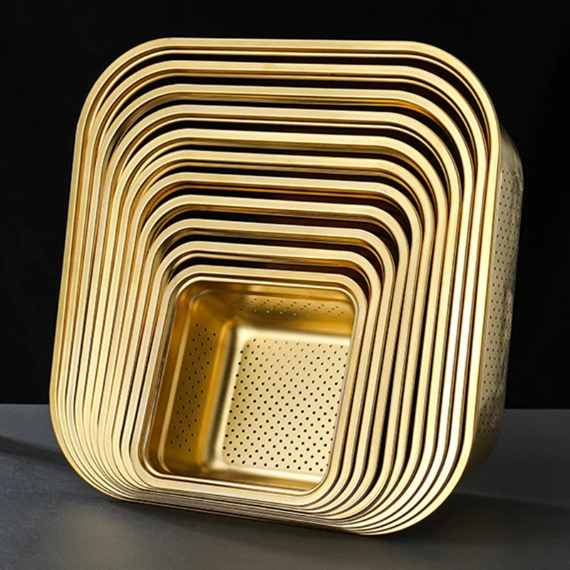 Golden Square Stainless Steel Strainer Draining Basket Egg Flour Mixing Bowl Soup Basin Filter Colander Vegetable Washing Basin