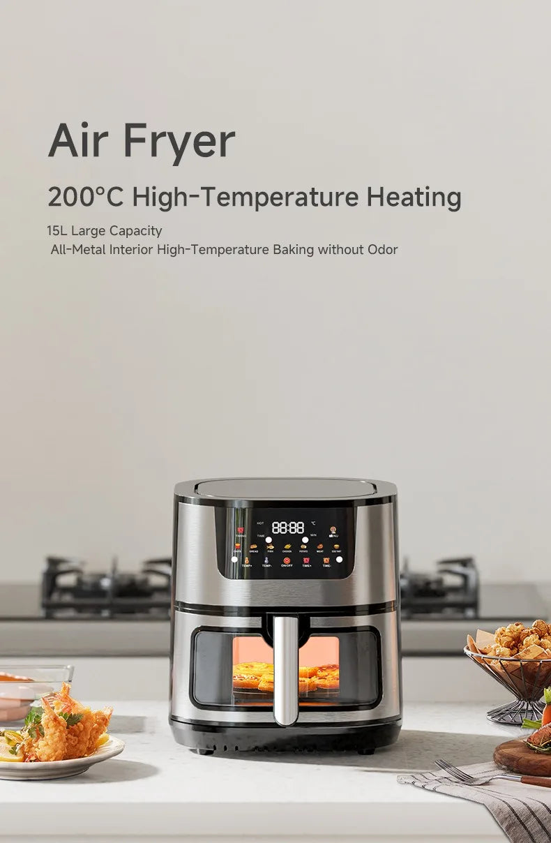15L Stainless steel Electric Air Fryer Household Large Capacity Intelligent Kitchen Cooker Toaster Oven Combo Digital Display