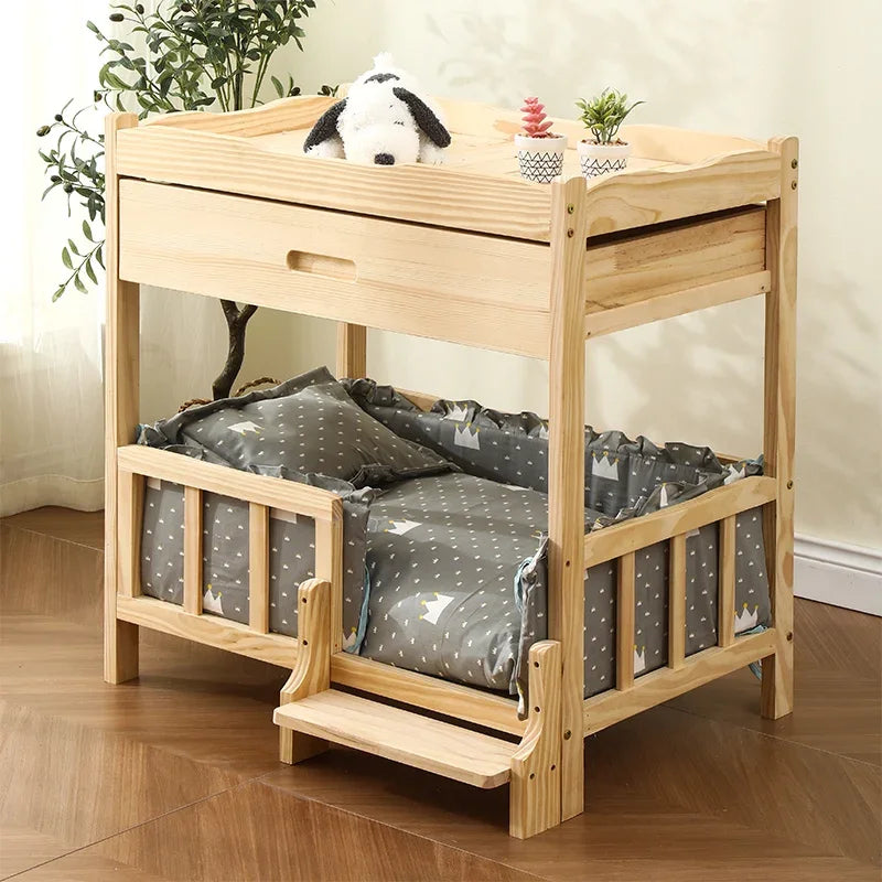 2-Layer Solid Wood Princess Bed for Pets Universal Cat and Dog Bed Breathable Pet Shelter Climbing Ladder for Cats and Dogs