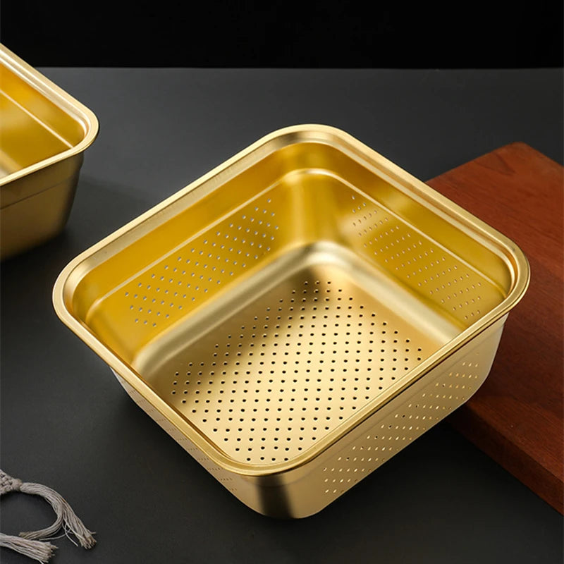 Golden Square Stainless Steel Strainer Draining Basket Egg Flour Mixing Bowl Soup Basin Filter Colander Vegetable Washing Basin