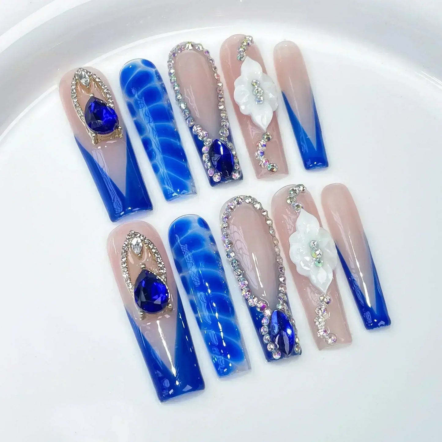 Color: Olive Green - 10Pcs Blue Handmade Butterfly Press on Nails Long False Nails Decoration with Rhinestones French Wearable Fake Nails Tips Art