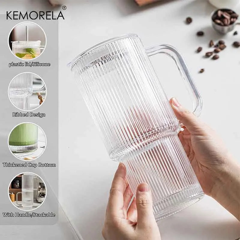 760ML Ribbed Glass Tumbler with Handle Lid 1/2/4PCS Large Iced Coffee Cups with Straws Modern Glass Mug for Cold & Hot Beverages