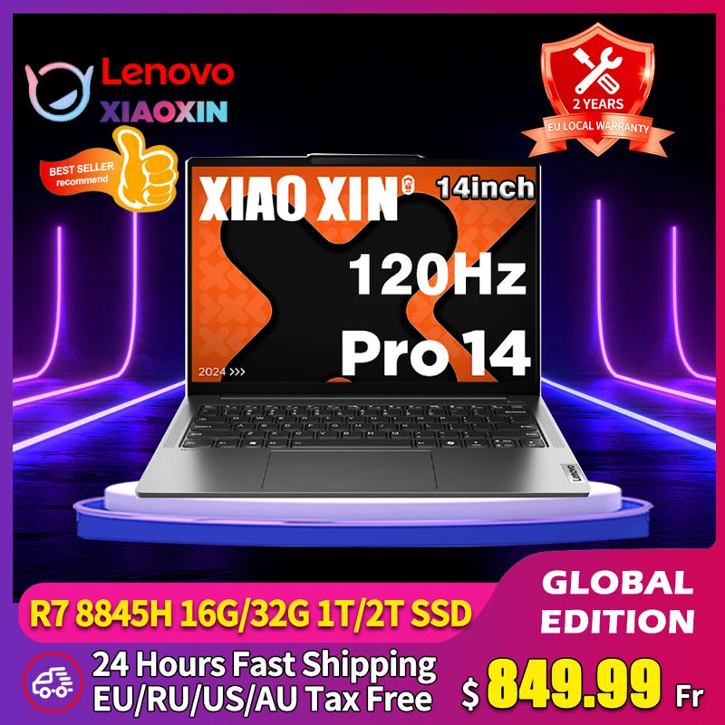 Lenovo Laptop 2024 Xiaoxin Pro 14 AMD R7 8845H 16/32GB 1T/2T SSD Radeon 780M 14“ 2.8K 120Hz OLED Al Notebook New PC