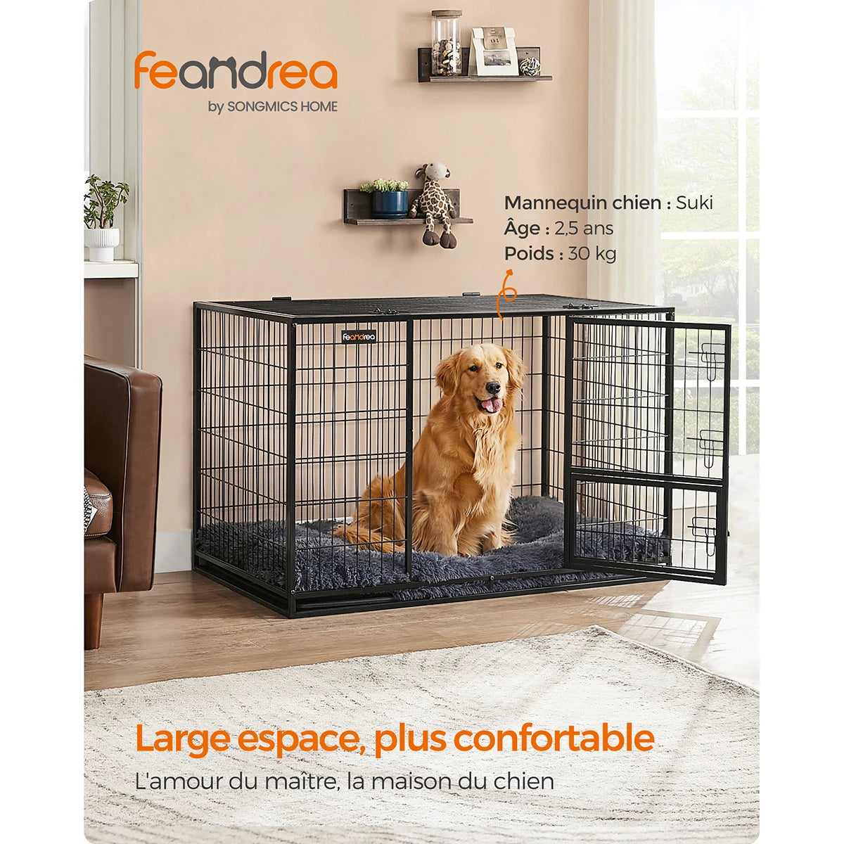 Feandrea Heavy-Duty Dog Crate, Dog Cage, 122 x 74.5 x 80.5 cm, for Medium and Large Dogs, Double Removable Door