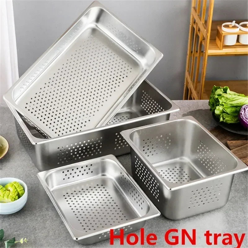 Rectangle Stainless Steel Storage Leak Trays Hole Mesh Strainer Vegetable Fruit Washing Basket Food GN Pan Water Filter Basin