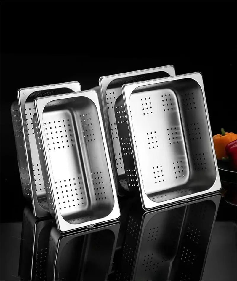 Rectangle Stainless Steel Storage Leak Trays Hole Mesh Strainer Vegetable Fruit Washing Basket Food GN Pan Water Filter Basin