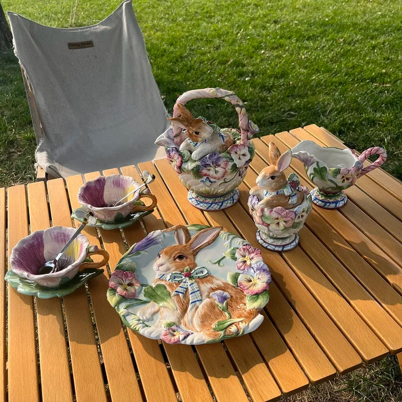 American Hand-painted Ceramic Dinner Set Rabbit Teapot Coffee Cup Plates for Enchanting Garden Afternoon TeaVintage Tableware