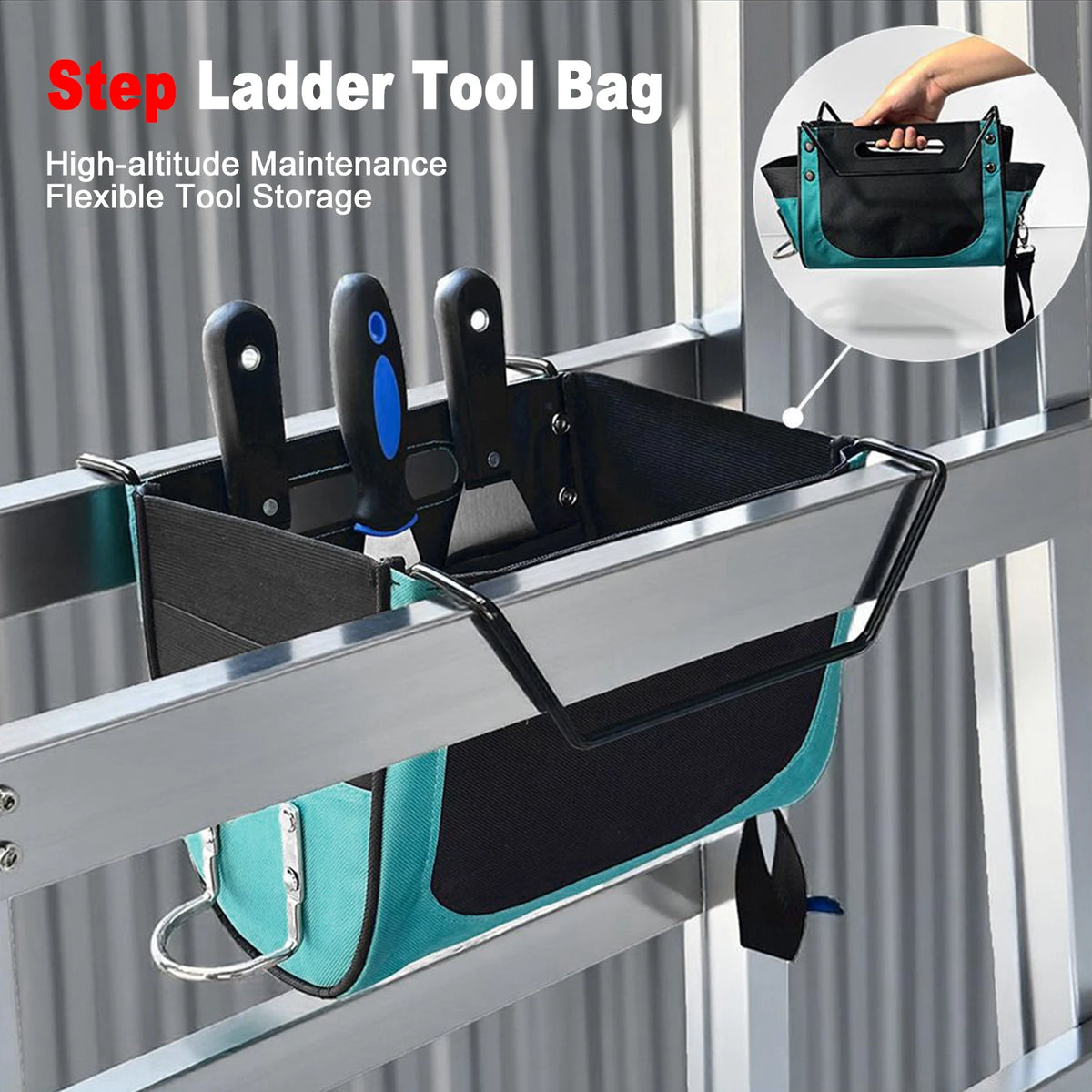 Ladder Tool Pouch for Step Ladders, 600D Oxford Fabric Organizer Bag with Multiple Pockets, Hammer Loop, Quick-Release Buckle