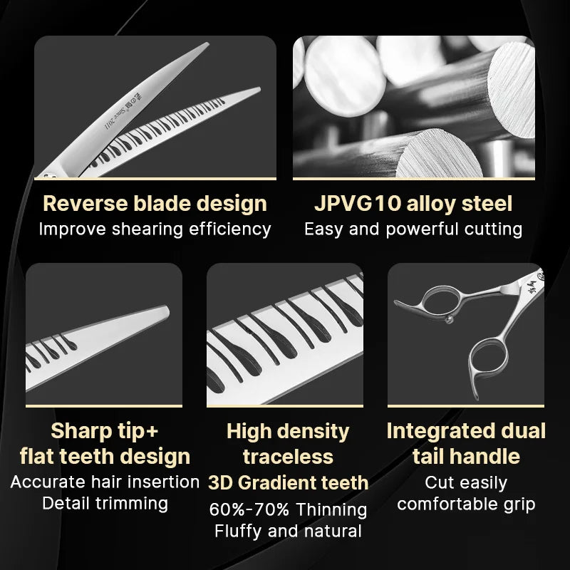 Fenice High-grade JP VG10 Steel Straight&25° Curved Reverse blade Natural Chunker Pet Trimming Scissors Shear Anti-loosing Screw