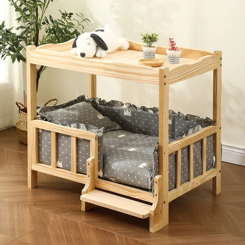 2-Layer Solid Wood Princess Bed for Pets Universal Cat and Dog Bed Breathable Pet Shelter Climbing Ladder for Cats and Dogs