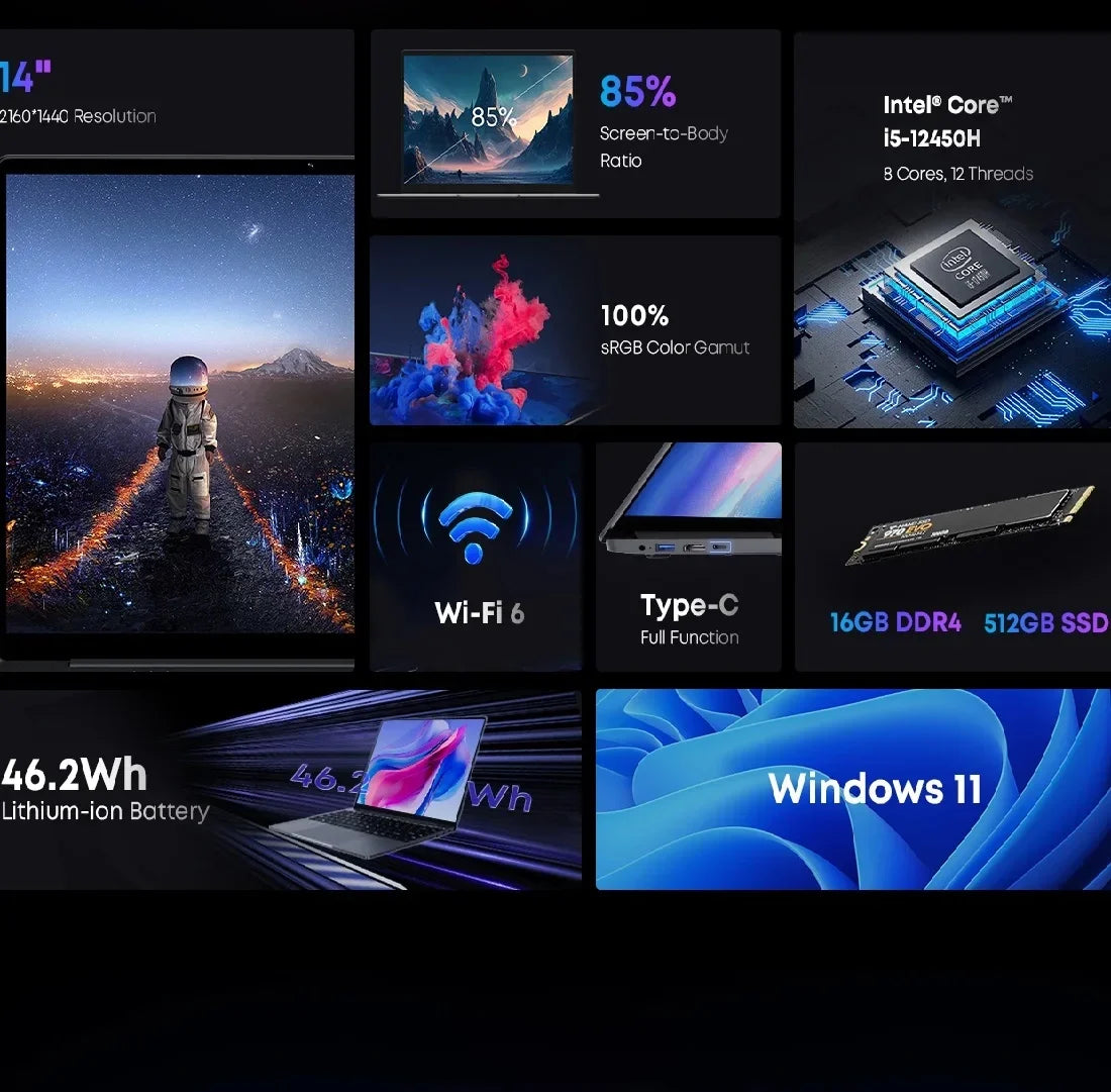 CHUWI CoreBook X Laptop Intel i5-12450H 16GB DDR4 512GB SSD 14 inch FHD 2160 * 1440 Windows 11 Gaming NoteBook 1TB SSD Expand