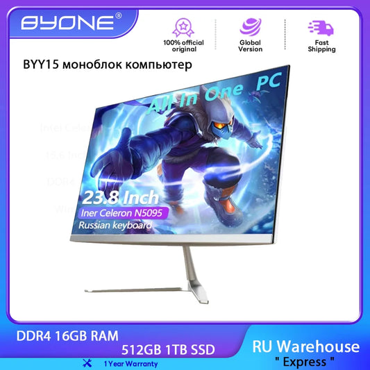 BYONE BYYI5 All In One PC 23.8inch DDR4 16G RAM 512G SSD Windows11 Inter Celeron N5095 Desktop Computer Gaming Laptops