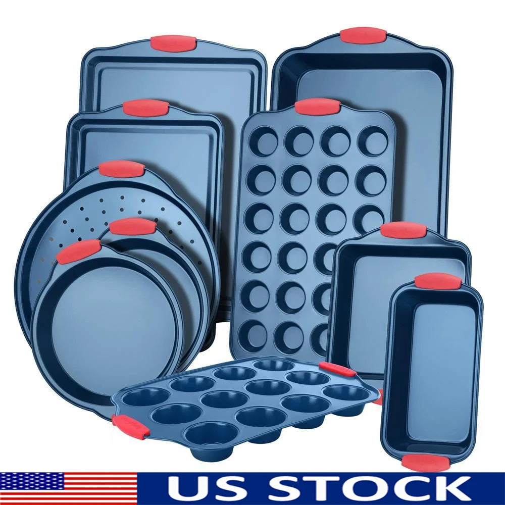 10-Piece Nonstick Bakeware Set Carbon Steel Baking Pans Silicone Handles Oven Safe PFOA PFOS Free Bakeware Kitchen Set Cookie