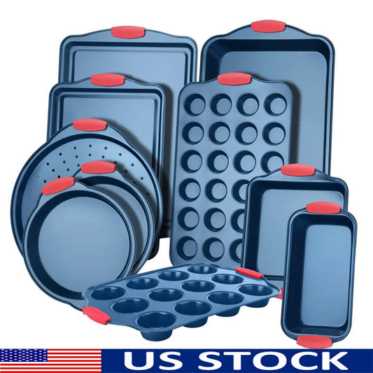 10-Piece Nonstick Bakeware Set Carbon Steel Baking Pans Silicone Handles Oven Safe PFOA PFOS Free Bakeware Kitchen Set Cookie