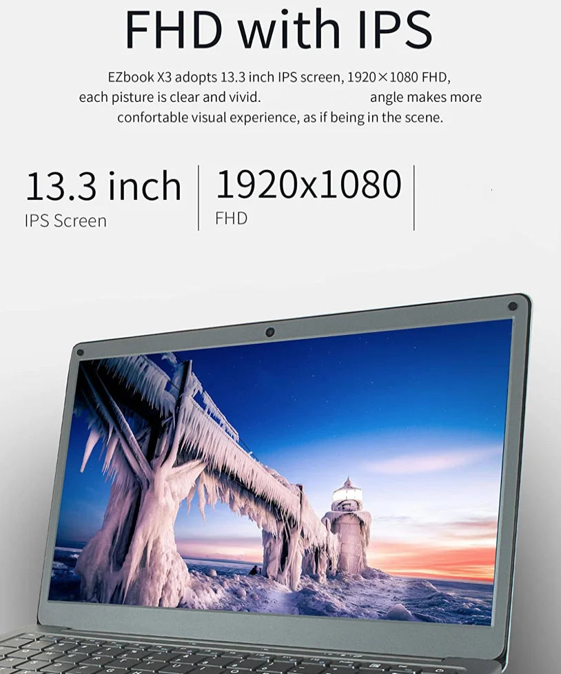 8GB RAM 256GB ROM 13.3 INCH Notebook Ultrabook Laptop PC Windows 11 Intel Celeron Quad Core N3450 CPU