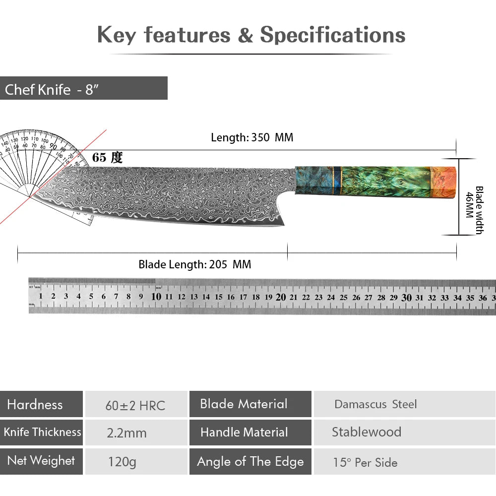 8 Inch Chef Knife 67 Layers VG10 Damascus Steel Kitchen Knives Stabilized Colored Wood Handle Professional Japanese Kiritsuke Kn