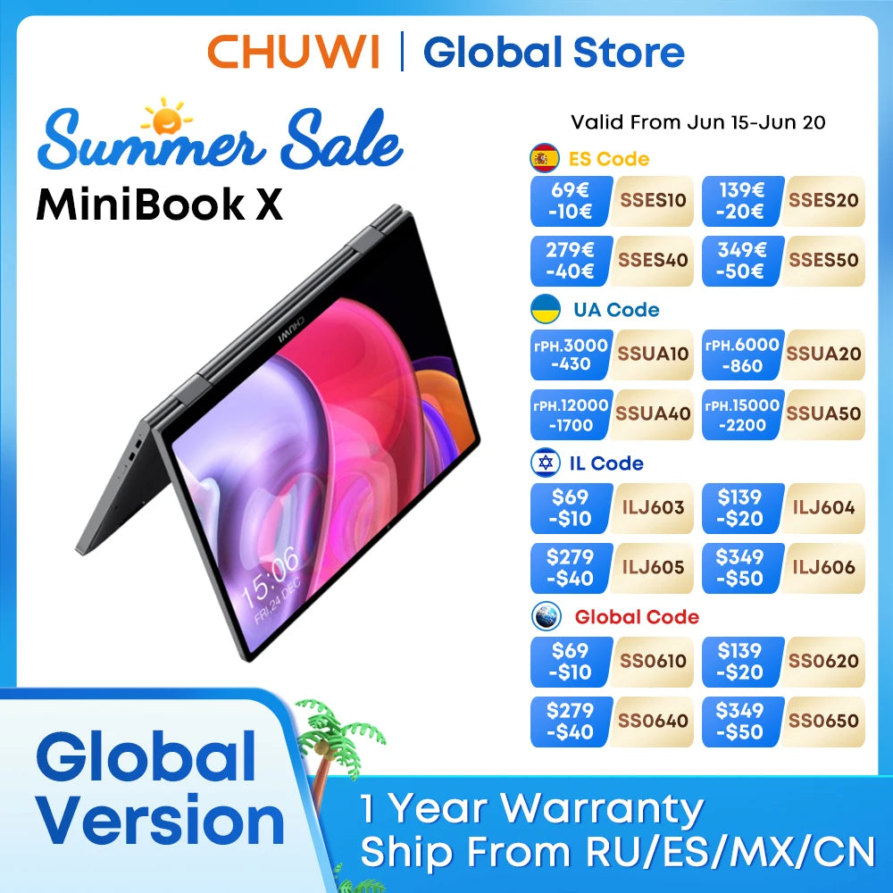CHUWI MiniBook X Tablet Laptop 2-in-1 Yoga Mode Intel N100 10.51 Inch 12GB LPDDR5 512G SSD Windows 11 Notebook Laptop 2 in 1