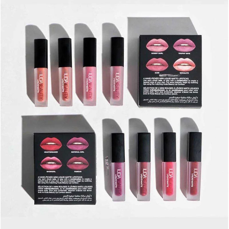 4pcs Lipstick Moisturizing Balm Set Matte Lip Gloss Lip Glaze Tint Non-stick Non-Fading Lips Huda Lip Makeup Cosmetic Lip Care