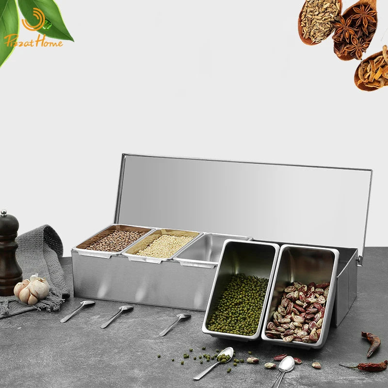 PizzAtHome 2/3/4/5/6 Section Seasoning Box Stainless Steel Ingredients Box Cheese Sauce Salt Sugar Box Spice Jar Baking Tool