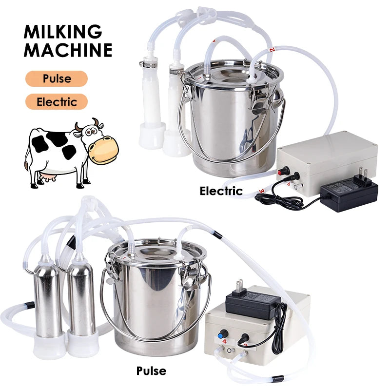 3L Electric Cow Goat Milking Machine Automatic Stop Cattle Pulsating Milking Machine Stainless Steel Milker Bucket Vacuum Pump