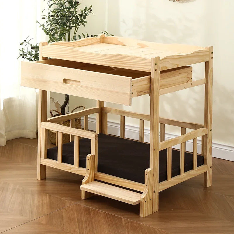 2-Layer Solid Wood Princess Bed for Pets Universal Cat and Dog Bed Breathable Pet Shelter Climbing Ladder for Cats and Dogs