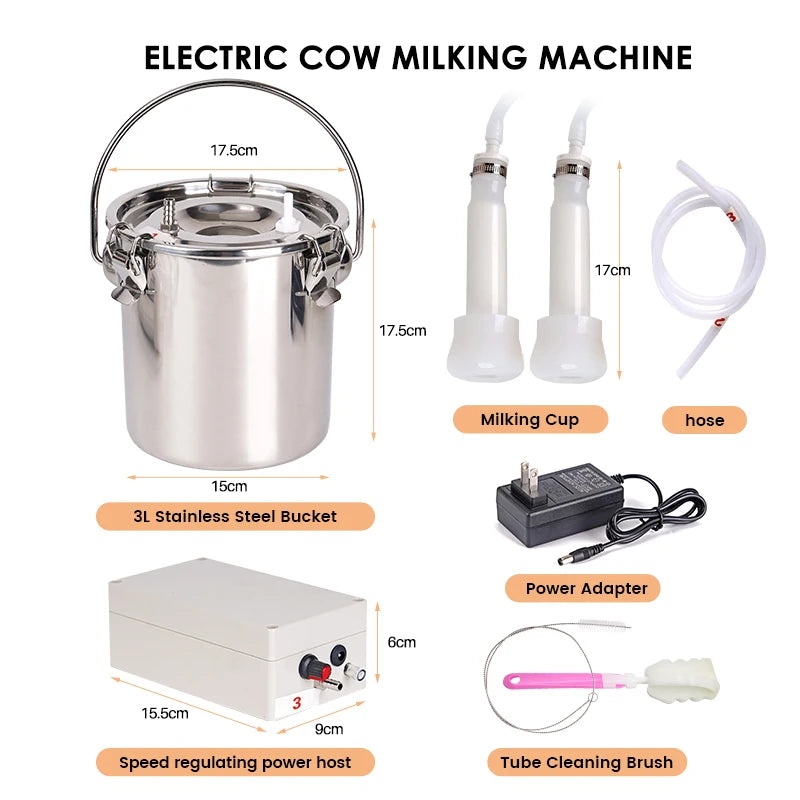 3L Electric Cow Goat Milking Machine Automatic Stop Cattle Pulsating Milking Machine Stainless Steel Milker Bucket Vacuum Pump