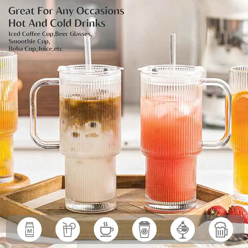 760ML Ribbed Glass Tumbler with Handle Lid 1/2/4PCS Large Iced Coffee Cups with Straws Modern Glass Mug for Cold & Hot Beverages
