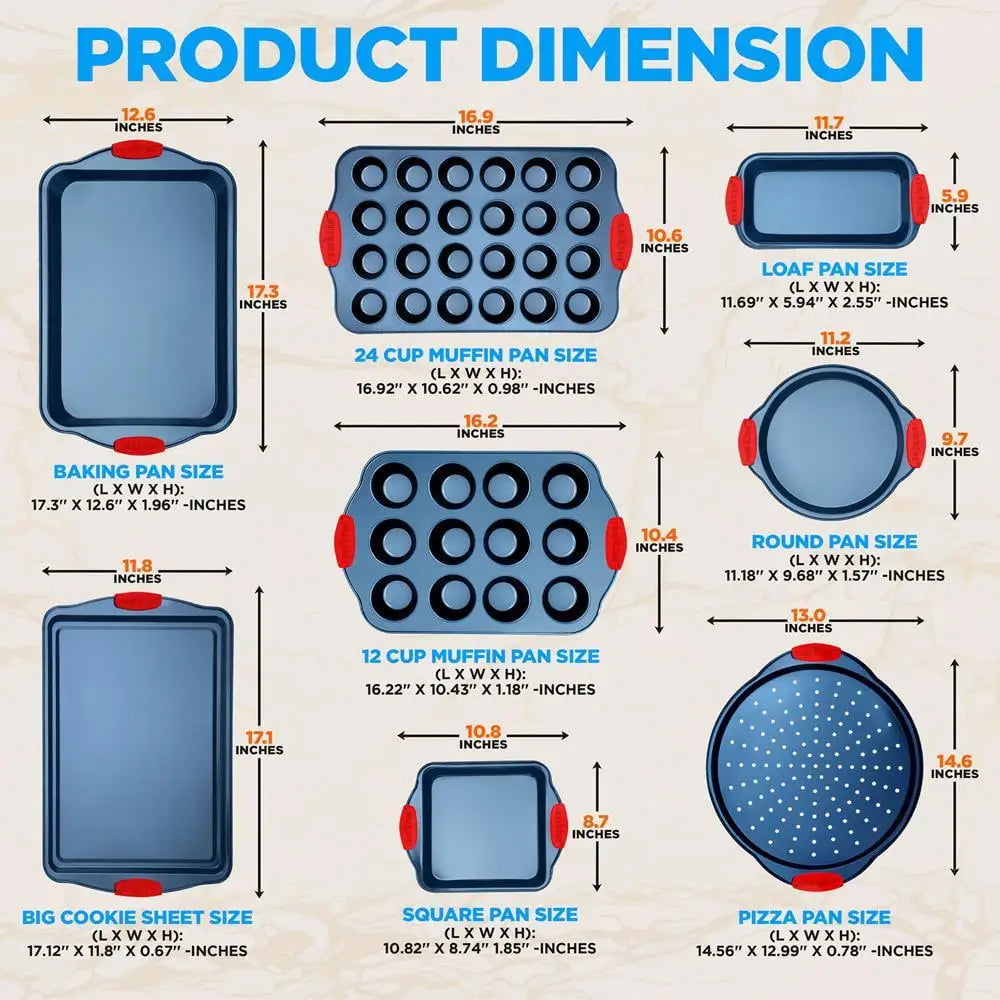 10-Piece Nonstick Bakeware Set Carbon Steel Baking Pans Silicone Handles Oven Safe PFOA PFOS Free Bakeware Kitchen Set Cookie