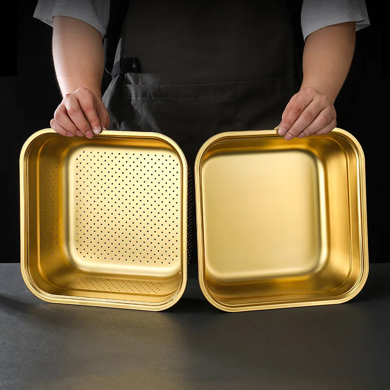 Golden Square Stainless Steel Strainer Draining Basket Egg Flour Mixing Bowl Soup Basin Filter Colander Vegetable Washing Basin