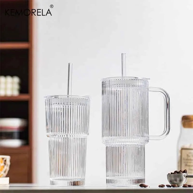 760ML Ribbed Glass Tumbler with Handle Lid 1/2/4PCS Large Iced Coffee Cups with Straws Modern Glass Mug for Cold & Hot Beverages