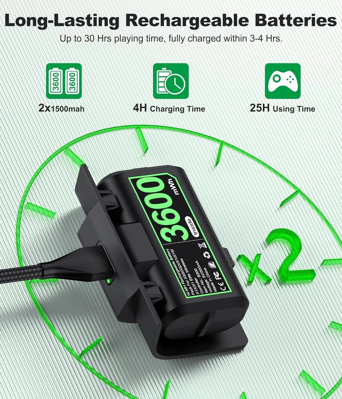 BEBONCOOL B200 for Xbox One/Series X/S Rechargeable Battery PackPlay Charge Kit with Xbox Battery Covers & Charging Cable