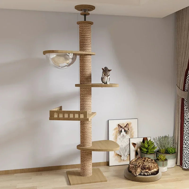 Cat Tree 5-Tier Floor to Ceiling Cat Tower Cactus Tall Climbing Tree with Scratching Post Hammock Dangling Ball for Indoor Cats