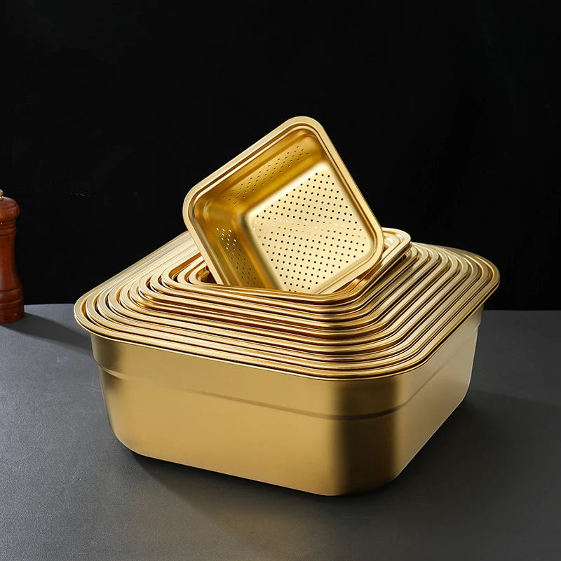 Golden Square Stainless Steel Strainer Draining Basket Egg Flour Mixing Bowl Soup Basin Filter Colander Vegetable Washing Basin