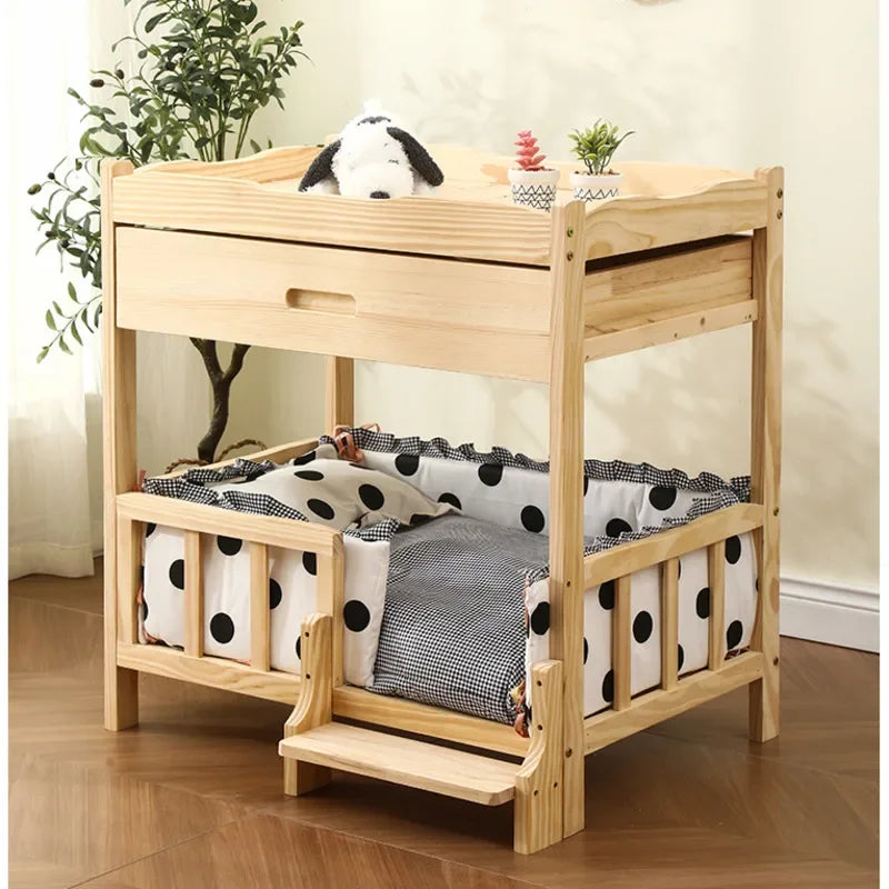 2-Layer Solid Wood Princess Bed for Pets Universal Cat and Dog Bed Breathable Pet Shelter Climbing Ladder for Cats and Dogs