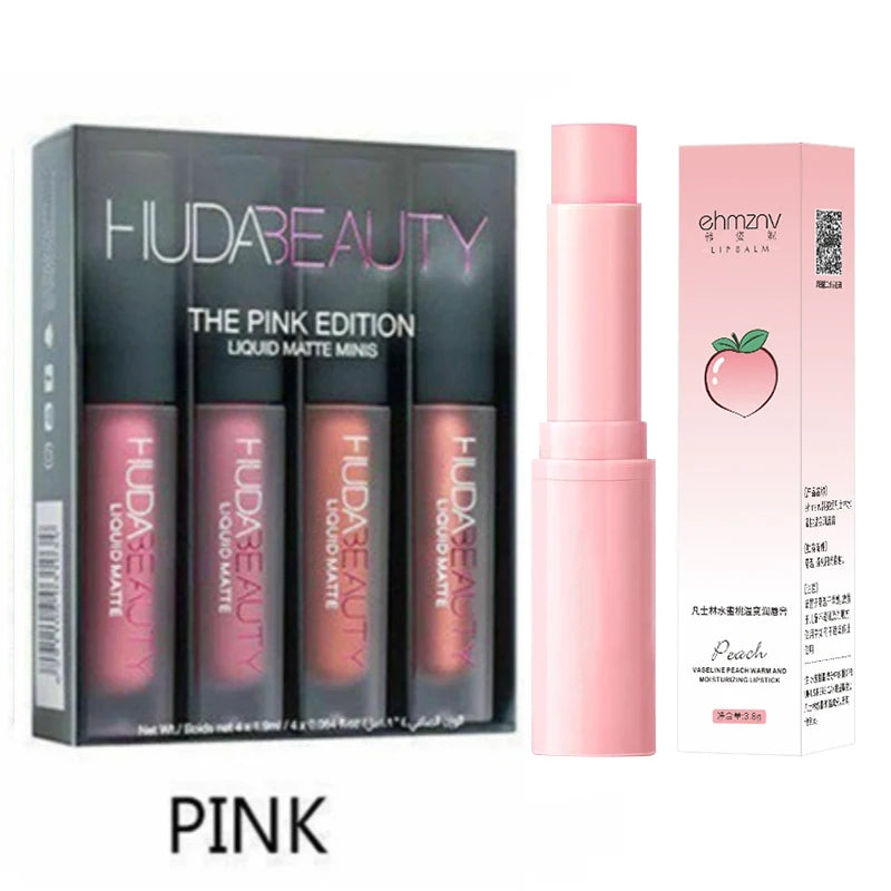 4pcs Lipstick Moisturizing Balm Set Matte Lip Gloss Lip Glaze Tint Non-stick Non-Fading Lips Huda Lip Makeup Cosmetic Lip Care