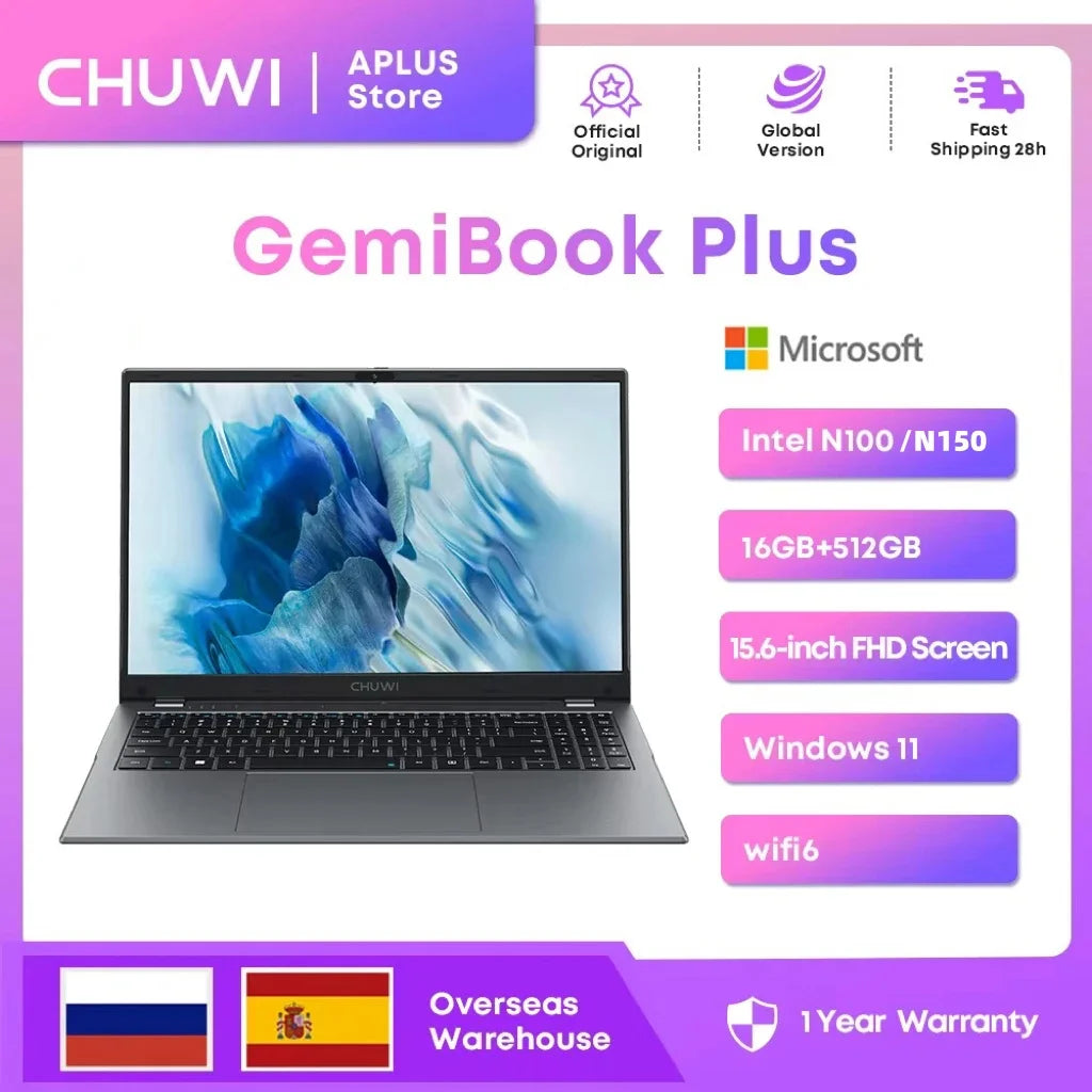 CHUWI GemiBook Plus Laptop 15.6" Intel N100 Graphics for 12th Gen 1920*1080P 8GB/16GB RAM 256GB/512GB SSD Windows 11 Laptops