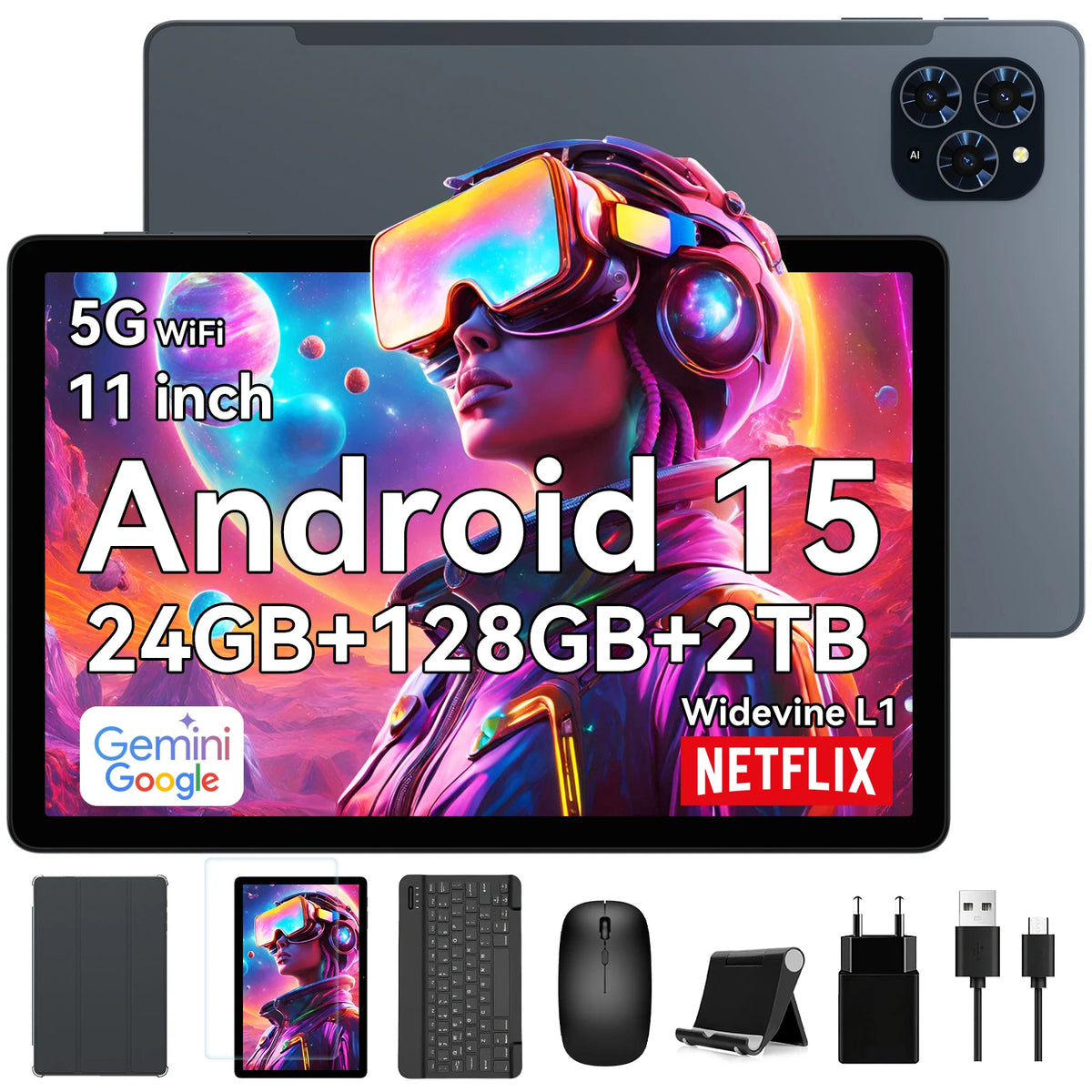 KINGRID T90 Wifi 11" 1080P Tablet PC 24GB (8+16) RAM 128GB ROM  5G WiFi 8000mAh Android 15 Gaming Tablet