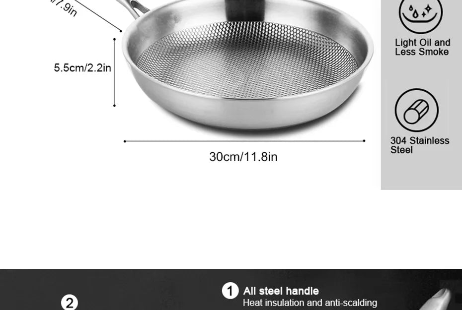 304 Stainless Steel Wok Non-Stick Frying Pan Steak Frying Pan Uncoated Kitchen Cookware Suitable For Gas Stove Induction Cooker