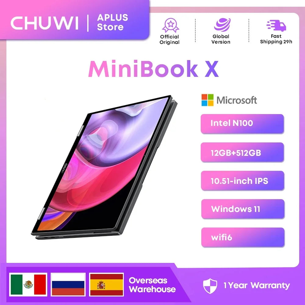 CHUWI MiniBook X 2-in-1 Tablet Laptop Intel N100 Notebook 12GB LPDDR5 512G SSD 10.51" FHD IPS Screen WiFi6 PC Windows 11 Laptops
