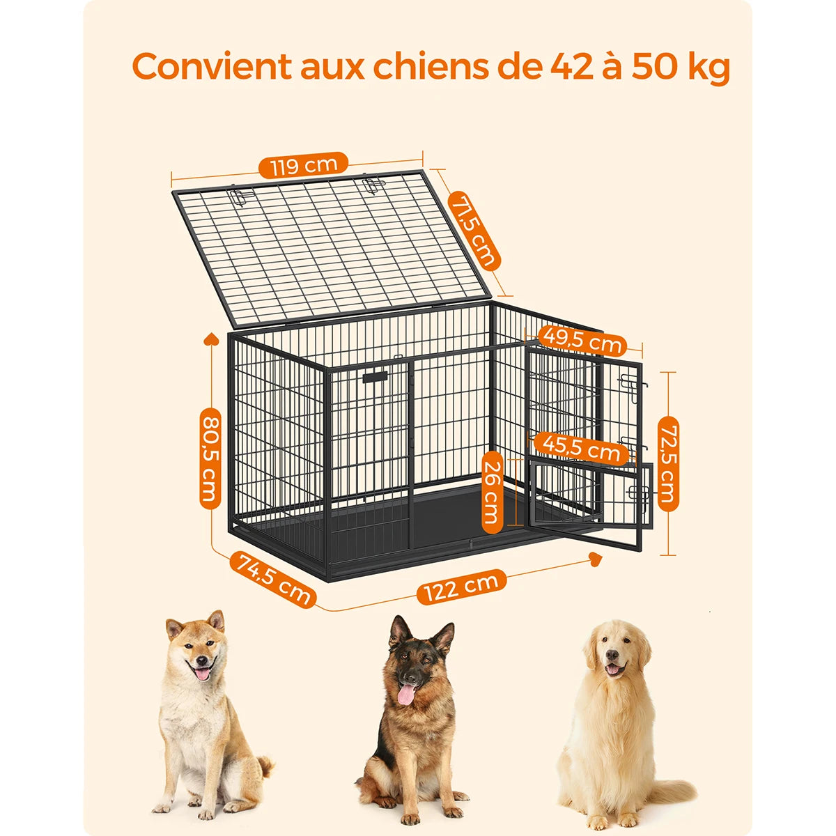 Feandrea Heavy-Duty Dog Crate, Dog Cage, 122 x 74.5 x 80.5 cm, for Medium and Large Dogs, Double Removable Door