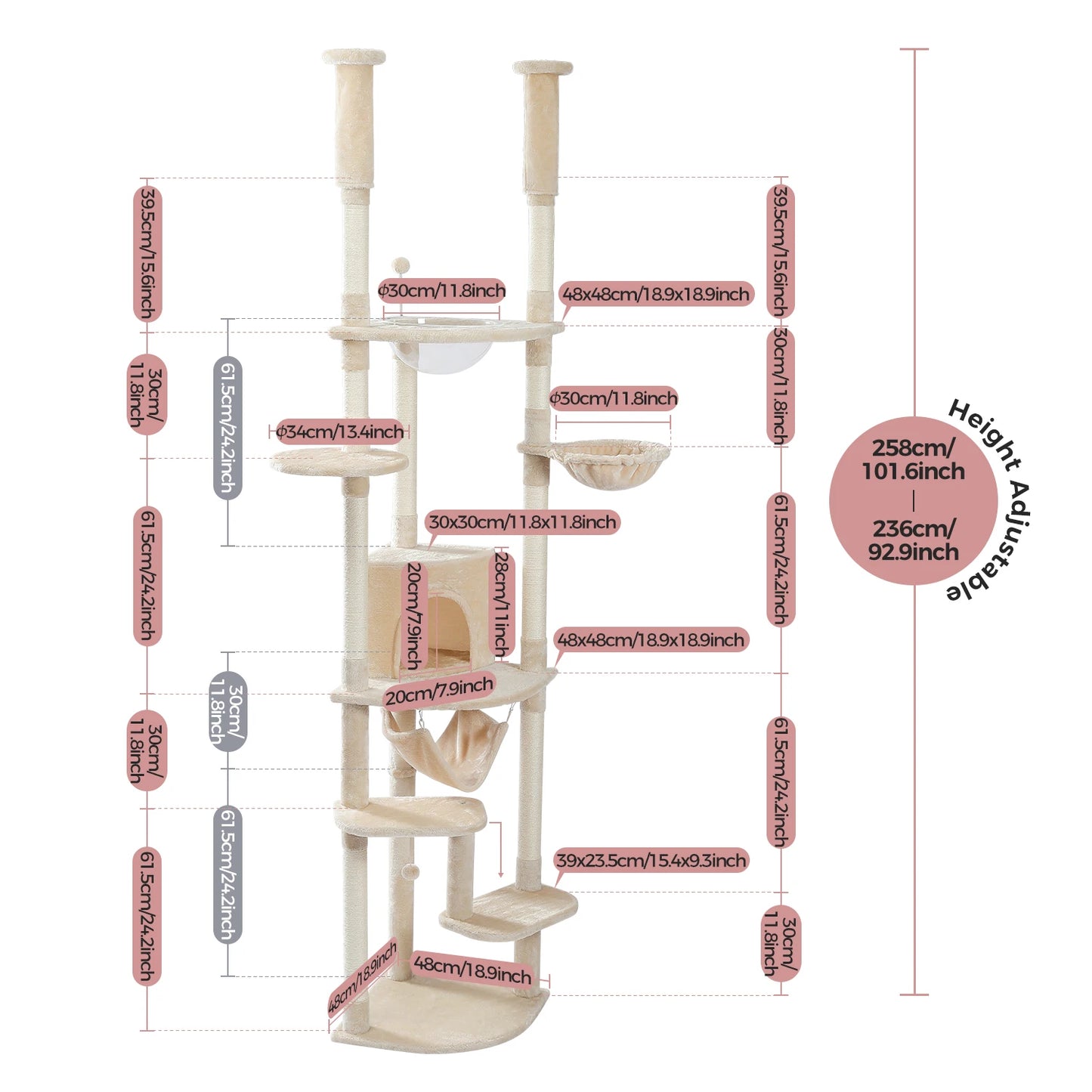 Multi-Level Tall Cat Tree for Indoor Cats Floor to Ceiling Cat Tower with Scratching Posts Cozy Condo Hammock Cat Accessories