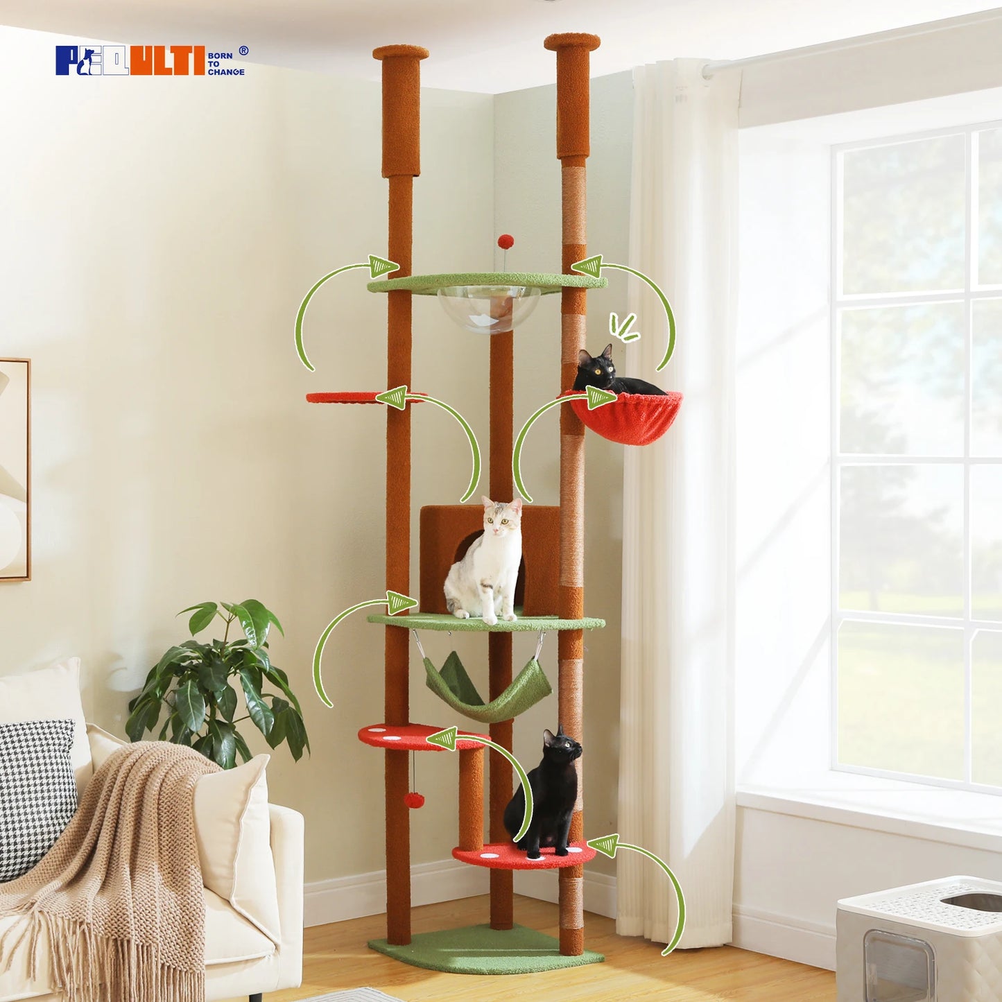 Multi-Level Tall Cat Tree for Indoor Cats Floor to Ceiling Cat Tower with Scratching Posts Cozy Condo Hammock Cat Accessories