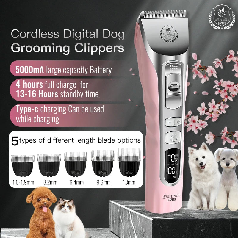 Fenice Pink Dog Hair Cutting Machine 5000mA Capacity Cordless LCD Screen Pets Dog Grooming Clippers Rechargeable Haircut Shaver