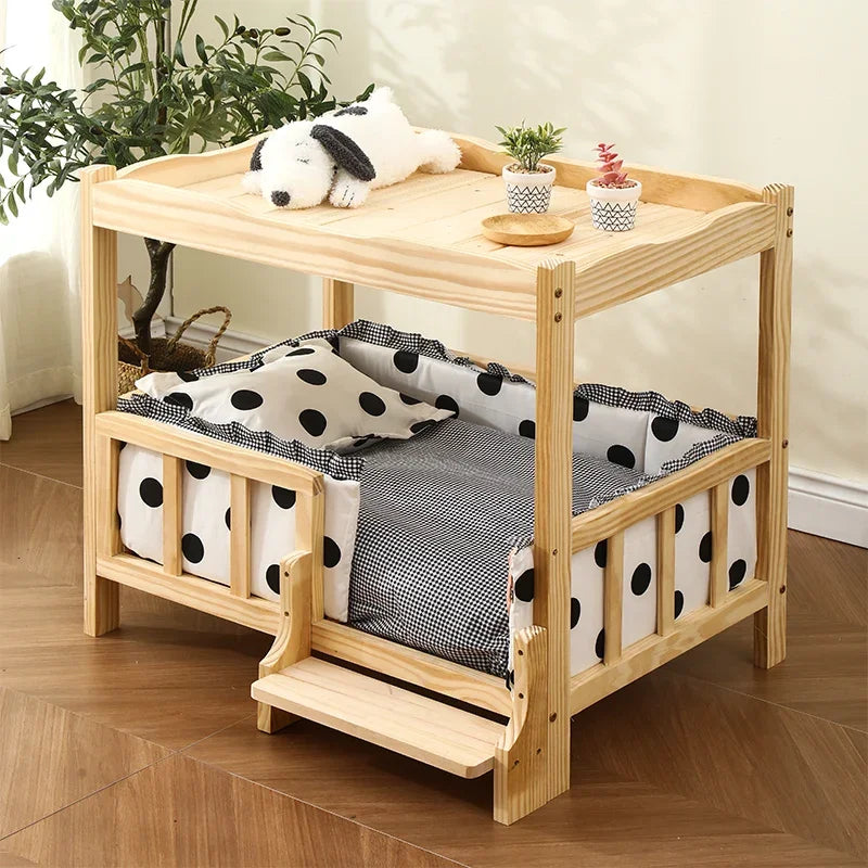 2-Layer Solid Wood Princess Bed for Pets Universal Cat and Dog Bed Breathable Pet Shelter Climbing Ladder for Cats and Dogs